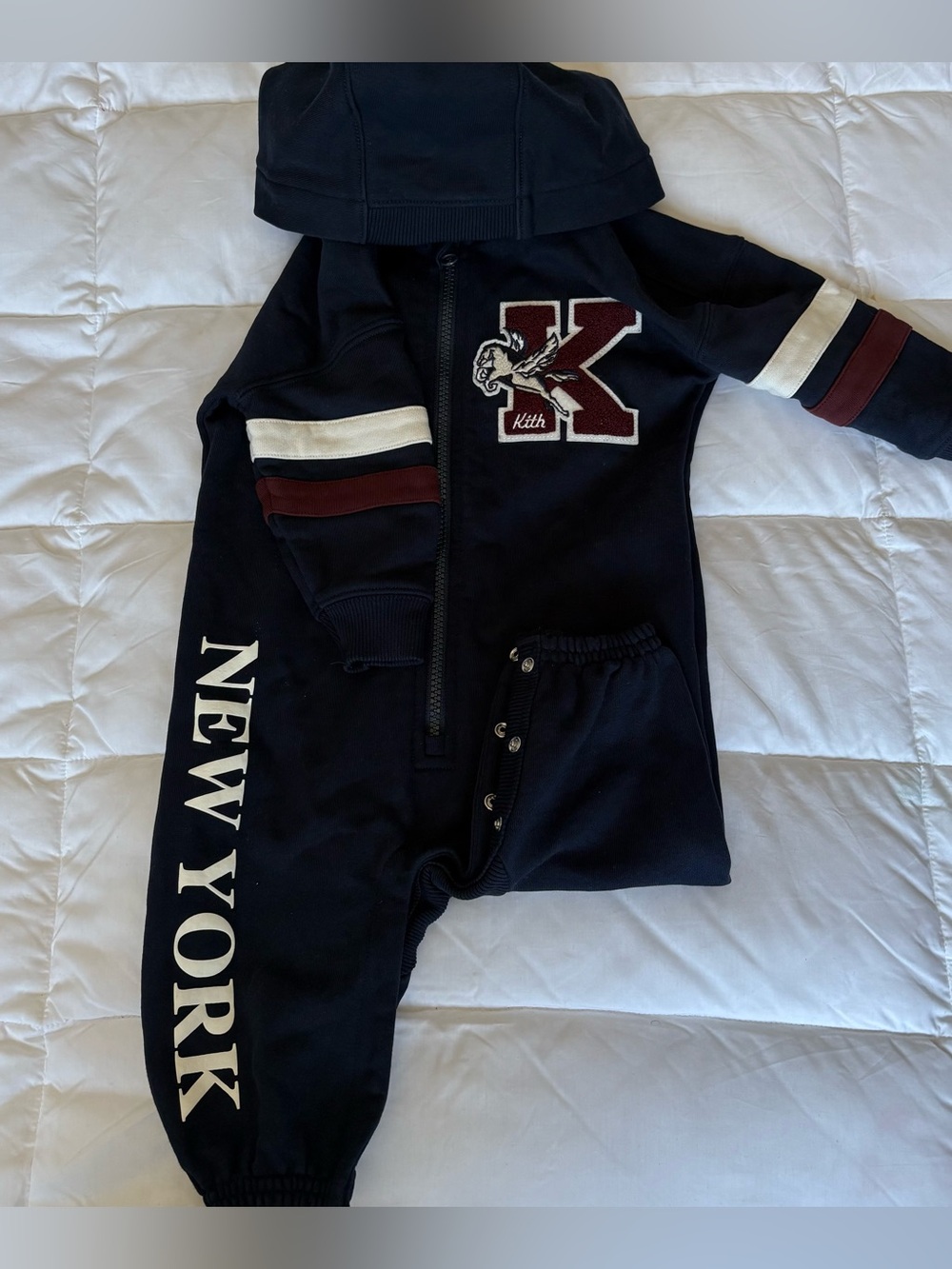 Kith Navy Hoodie Jumpsuit with Maroon & Cream Stripes